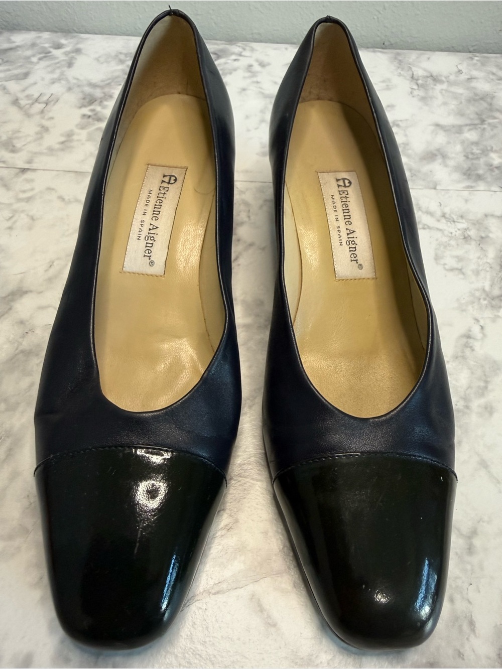 Etienne Aigner Navy Leather Flats with Black Patent Cap Toe Sz 9 1/2